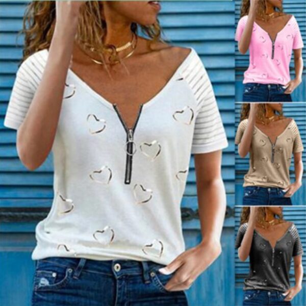 Frauen Gedruckt T Hemd V Neck Zipper Beiläufige Lose Kurzarm Top Sommer Mode Sexy Plus Größe Kleidung