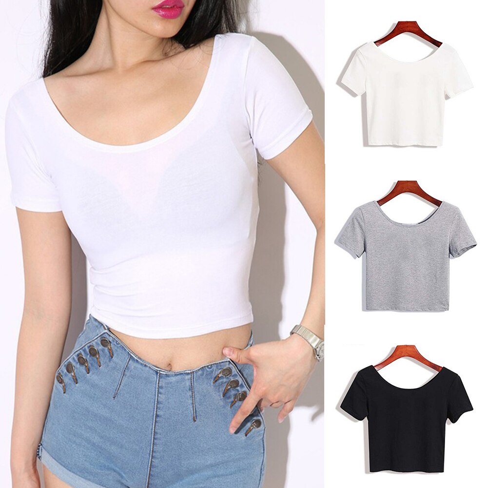 Frauen Grund Einfache Alle-match Einfarbig Stretch T-shirts 1PC Kurzen Nabel Top Damen Kurzarm O neck sexy Crop Top – Bild 2