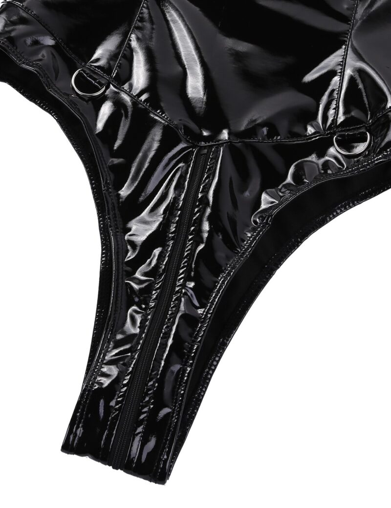 Frauen Hohe Kragen Mit Langen Ärmeln Latex Catsuit Sexy Zipper Öffnen Gabelung Wetlook Leder Body Hohe Cut Tanga Teddy Puppe Strampler – Bild 6