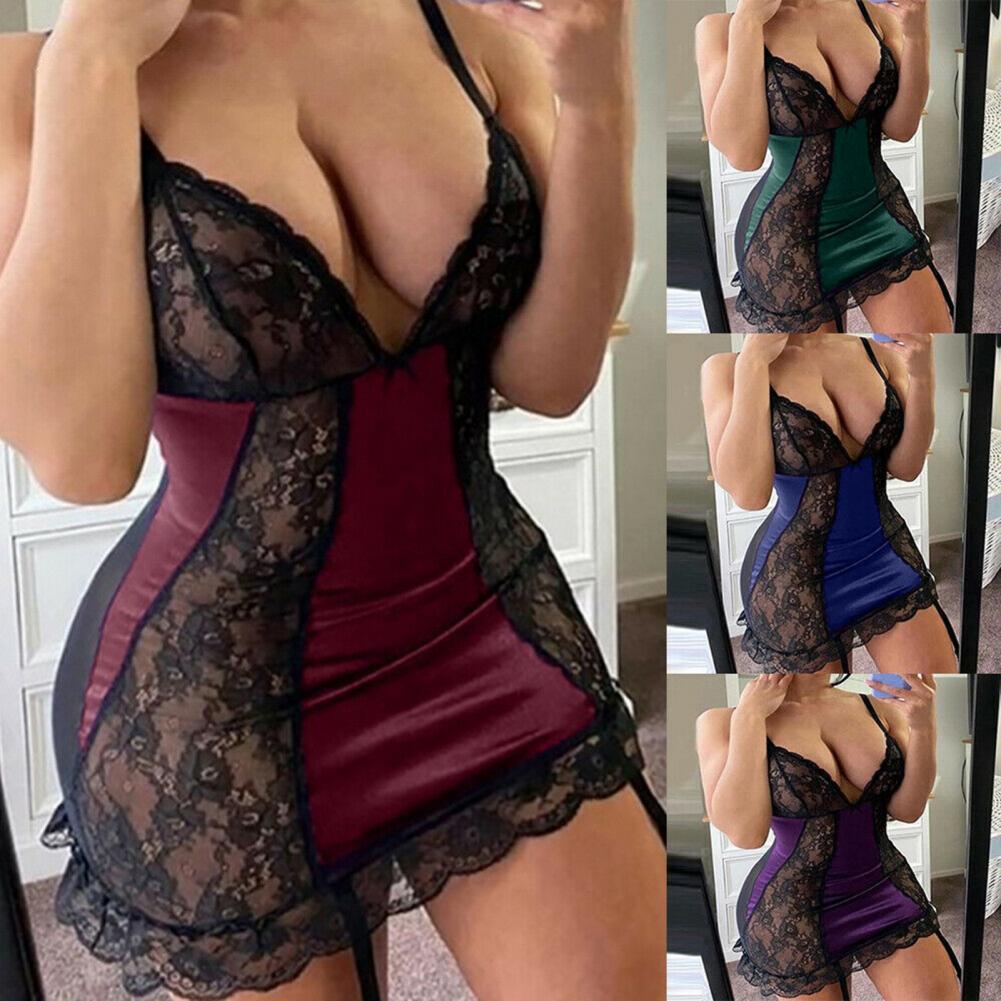 Frauen Nachthemden Sexy Wäsche Tiefe V Spitze Ärmellose Schlank Versuchung Body Nachthemd Satin Spitze Nachtwäsche Hause Kleidung