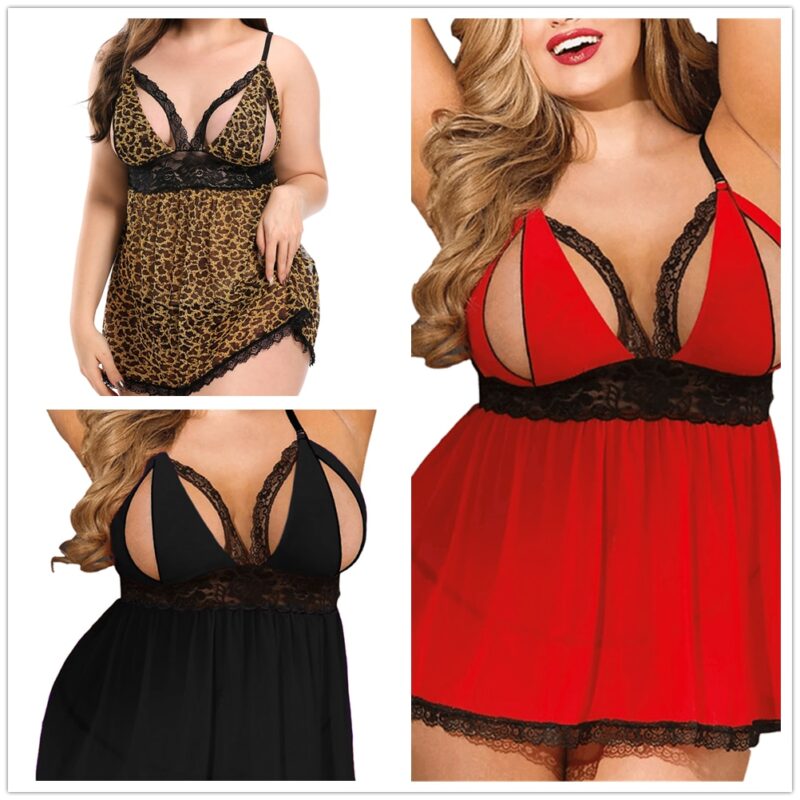 Frauen Plus Größe Dessous Rot Babydoll Spitze Split Tasse Nachtwäsche Chemise Set