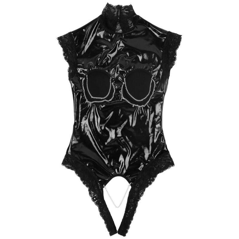 Frauen Porno Öffnen Gabelung Latex Body One-Stück Spitze Getrimmt Wet Look Leder Babydoll Nachtwäsche Sexy High Neck Cupless catsuit – Bild 5