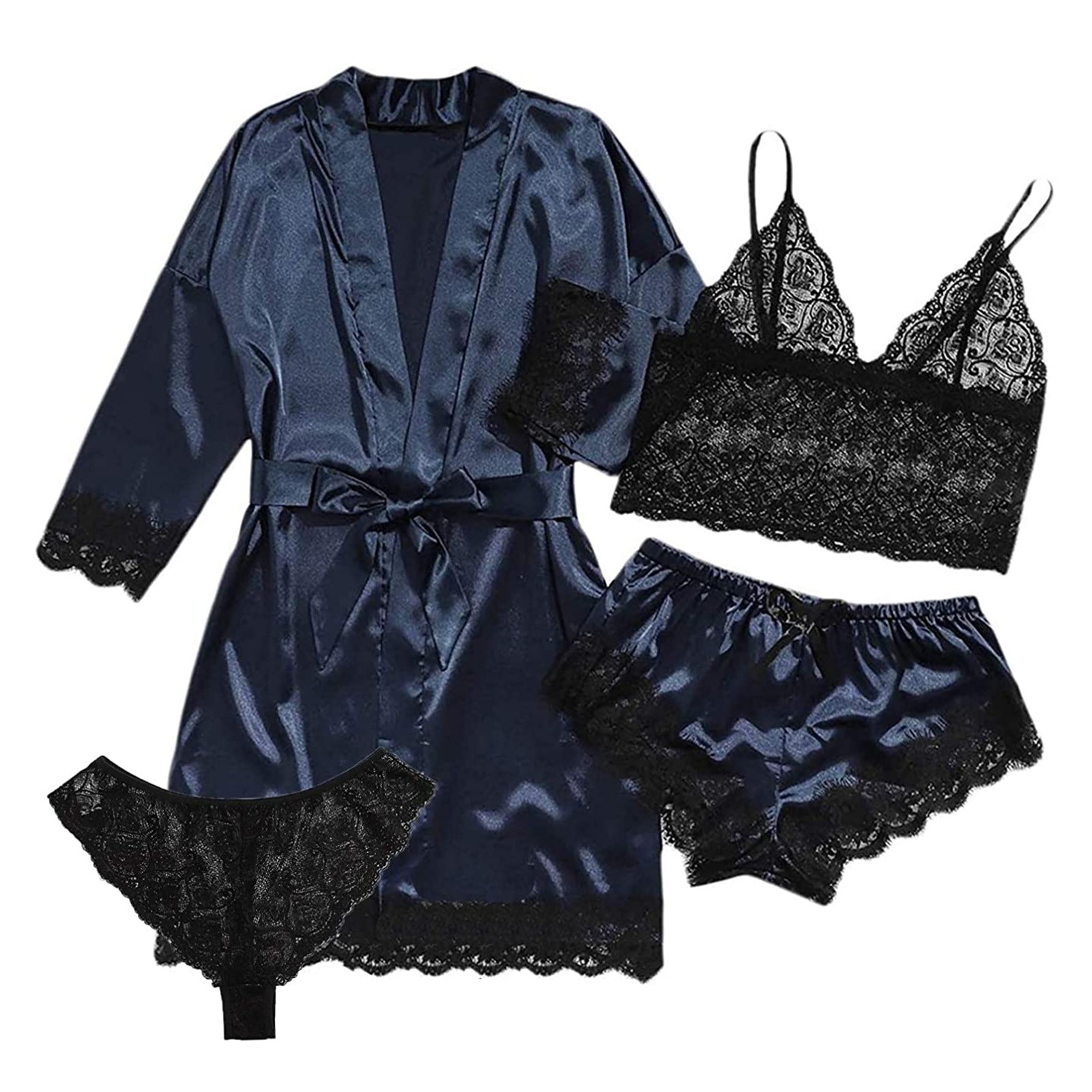 Frauen Pyjama Sets 4-Stück Frauen Sexy Strumpfband Dessous Set Roben V-ausschnitt Spitze Body Komfortable Unterwäsche nachtwäsche frauen set – Bild 3