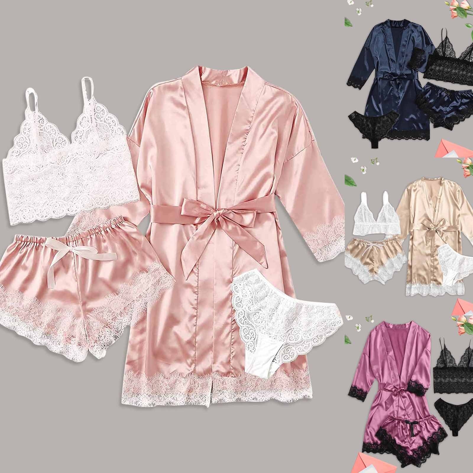Frauen Pyjama Sets 4-Stück Frauen Sexy Strumpfband Dessous Set Roben V-ausschnitt Spitze Body Komfortable Unterwäsche nachtwäsche frauen set