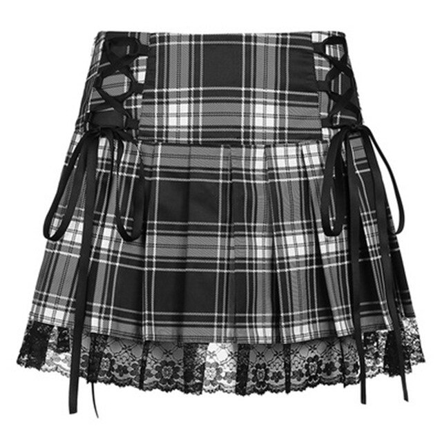 Frauen Röcke Spitze Gefaltetes Rock Sexy Mini Röcke Frauen Ästhetischen Petticoat Mädchen Rosa Spitze Up Goth Plaid Rock Damen Punk rock – Bild 5