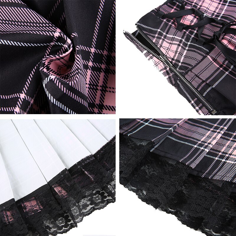 Frauen Röcke Spitze Gefaltetes Rock Sexy Mini Röcke Frauen Ästhetischen Petticoat Mädchen Rosa Spitze Up Goth Plaid Rock Damen Punk rock – Bild 6