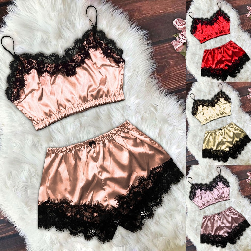 Frauen Satin Spitze Leibchen Mit Bogen Shorts Pyjamas Neue Damen Boyshort Dessous Nachtwäsche Set S-XL Dessous Body Korsett Femme