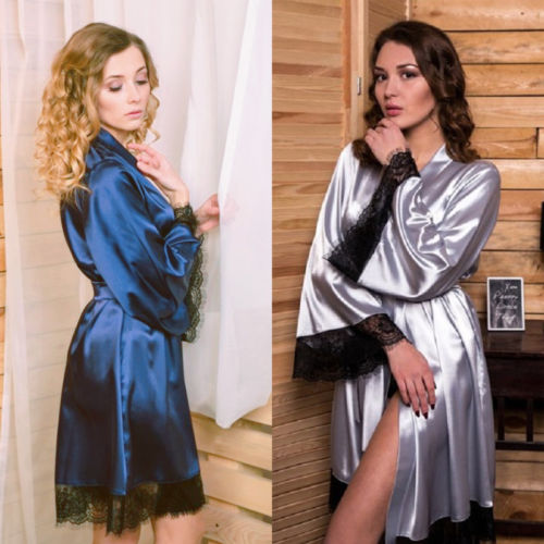 Frauen Sexy Nachtwäsche Spitze Lange Braut Kimono Robe Satin Seide Nacht Dressing Kleid