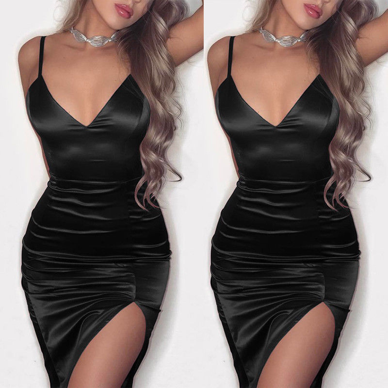 Frauen Silk Satin Kleid V-ausschnitt Ärmel Split Einfarbig Verband Bodycon Partei Einfarbig Polyester Mini Kleid – Bild 2