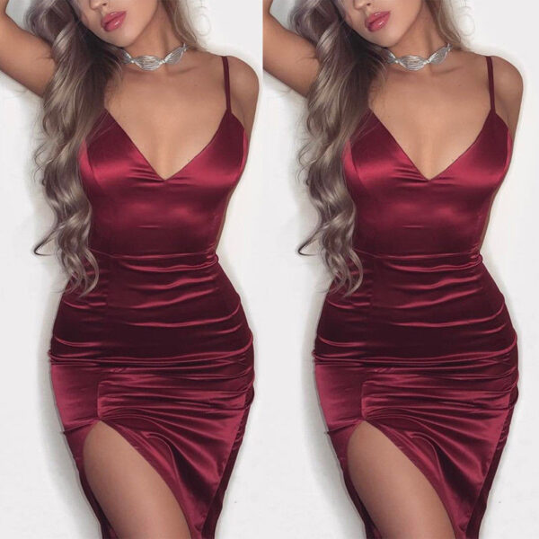 Frauen Silk Satin Kleid V-ausschnitt Ärmel Split Einfarbig Verband Bodycon Partei Einfarbig Polyester Mini Kleid