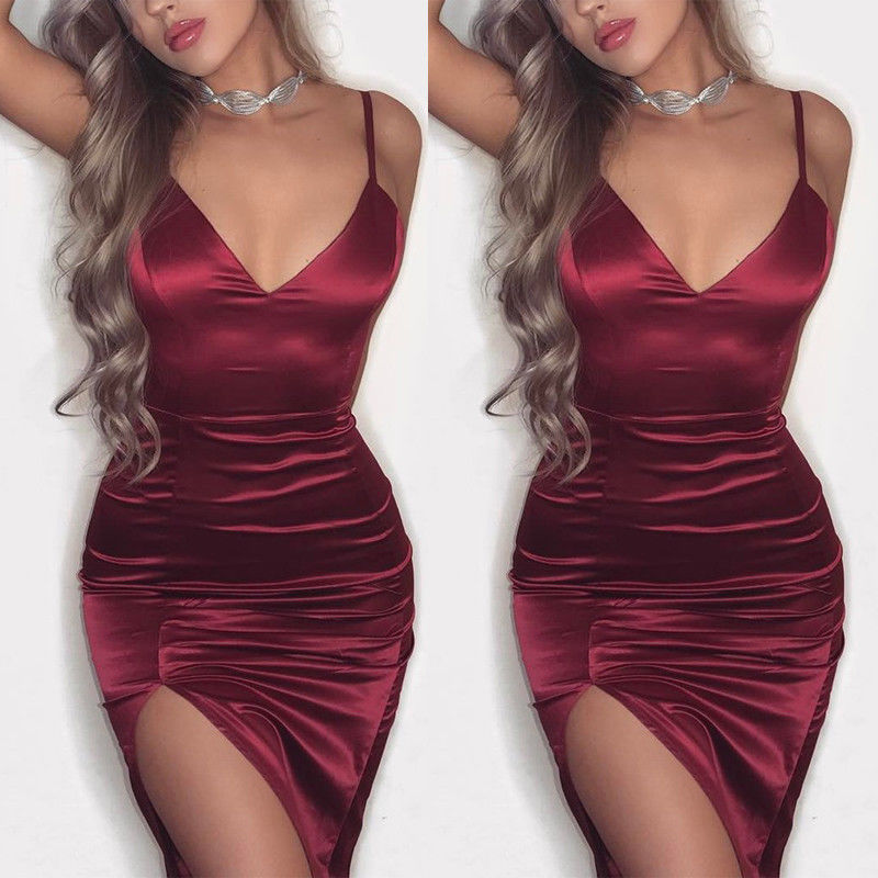 Frauen Silk Satin Kleid V-ausschnitt Ärmel Split Einfarbig Verband Bodycon Partei Einfarbig Polyester Mini Kleid