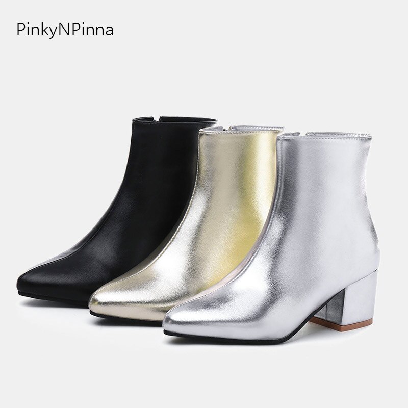 Frauen glänzende silber knöchel stiefel fashion square heels innen zip party kleid büro booties winter goldene schuhe plus größe 44 – Bild 3