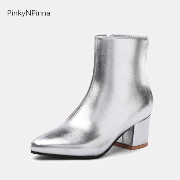 Frauen glänzende silber knöchel stiefel fashion square heels innen zip party kleid büro booties winter goldene schuhe plus größe 44