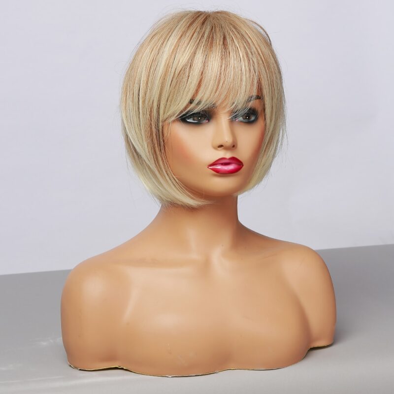 GEMMA Kurze Gerade Mixed Braun Blonde Synthetische Perücken mit Seitlichem Pony für Frauen Täglichen Party Bob Haar Hohe Tempearture Faser – Bild 2