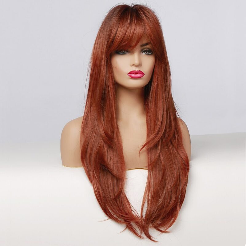GEMMA Lange Gerade Ombre Schwarz Orange Wein Rote Perücke mit Pony Synthetische Haar für Frauen Hitzebeständige Layered Cosplay Täglichen perücke – Bild 2