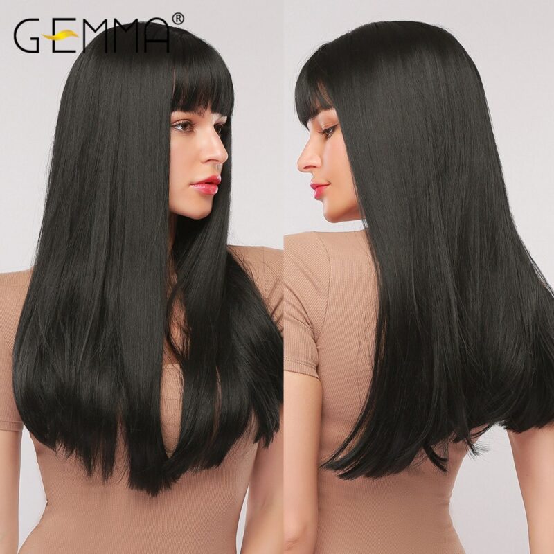 GEMMA Lange Gerade Ombre Schwarz Orange Wein Rote Perücke mit Pony Synthetische Haar für Frauen Hitzebeständige Layered Cosplay Täglichen perücke – Bild 5