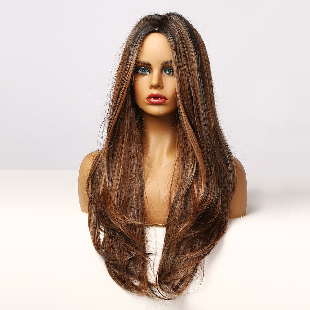 GEMMA Natur Mittleren Teil Synthetische Perücken für Schwarze Frauen Lange Wellenförmige Haar Cosplay Schwarz Braun Goldene Highlight Perücke Hitze Beständig – Bild 2