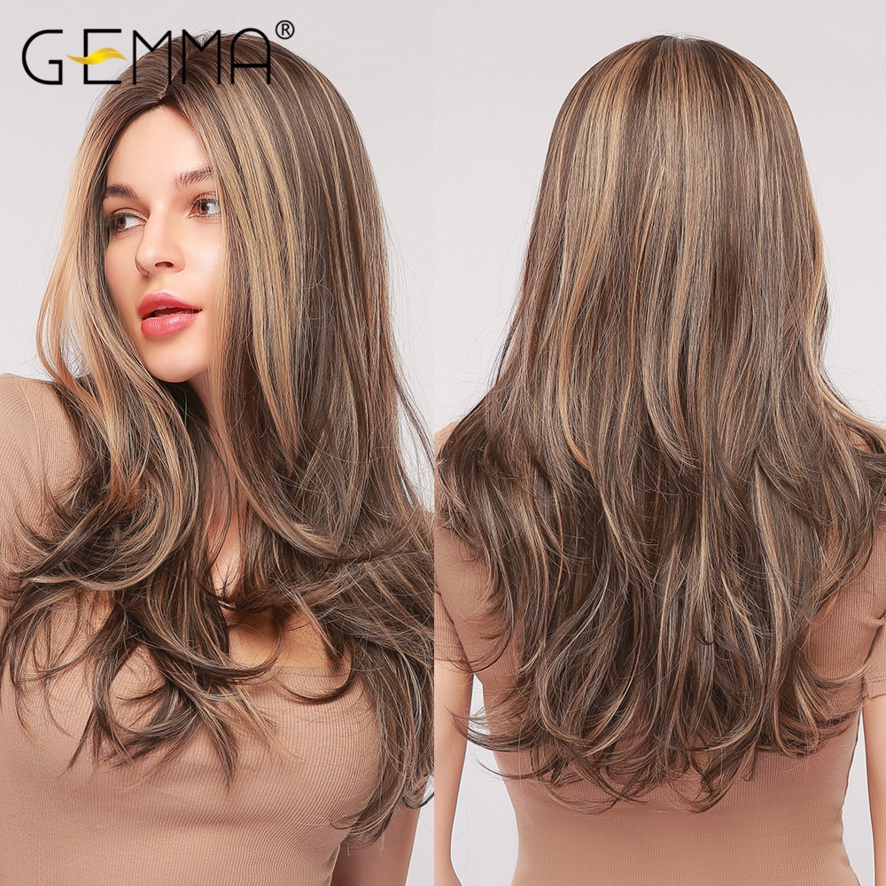GEMMA Natur Mittleren Teil Synthetische Perücken für Schwarze Frauen Lange Wellenförmige Haar Cosplay Schwarz Braun Goldene Highlight Perücke Hitze Beständig – Bild 4