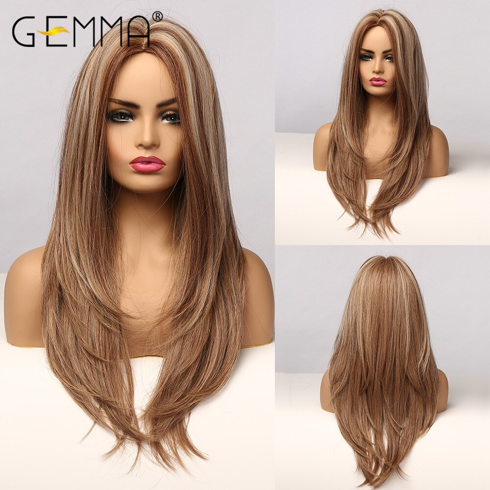 GEMMA Natur Mittleren Teil Synthetische Perücken für Schwarze Frauen Lange Wellenförmige Haar Cosplay Schwarz Braun Goldene Highlight Perücke Hitze Beständig – Bild 6