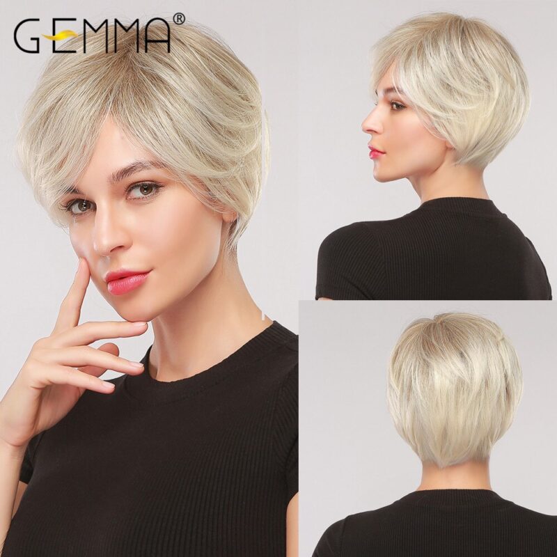 GEMMA Synthetische Kurze Gerade BOb Perücken mit Pony für Frauen Mädchen Natürliche Ombre Schwarz Braun Falsche Haar Hitze Beständig Faser – Bild 6
