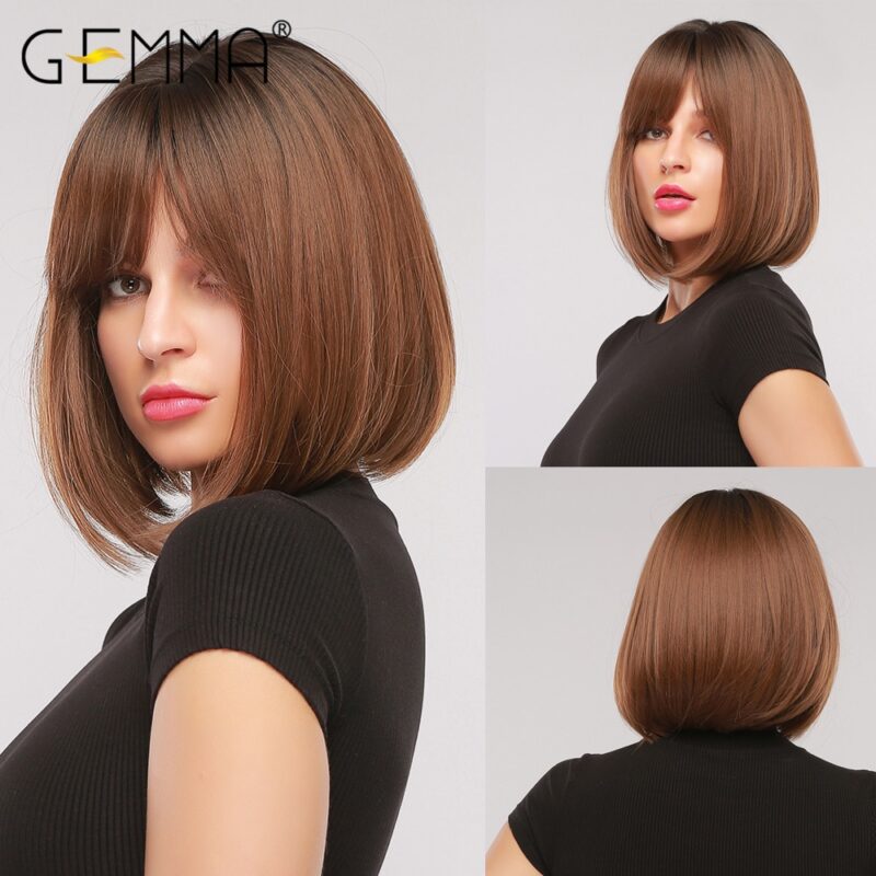 GEMMA Synthetische Kurze Gerade BOb Perücken mit Pony für Frauen Mädchen Natürliche Ombre Schwarz Braun Falsche Haar Hitze Beständig Faser