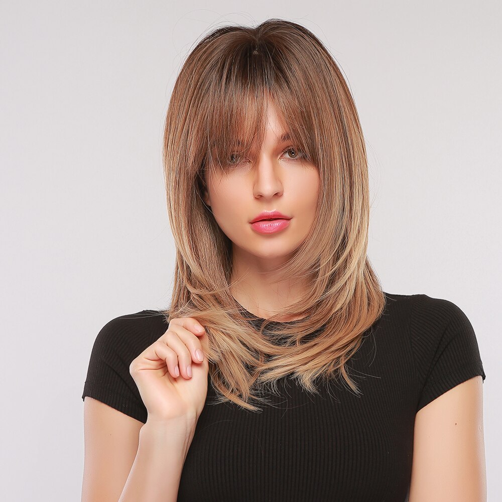 GEMMA Synthetische Medium Wellenförmige Natürliche Perücken Mit Pony für Schwarze Frauen African American Ombre Schwarz Braun Cosplay Partei Falsche Haar – Bild 3