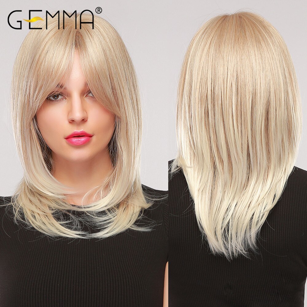 GEMMA Synthetische Medium Wellenförmige Natürliche Perücken Mit Pony für Schwarze Frauen African American Ombre Schwarz Braun Cosplay Partei Falsche Haar – Bild 5