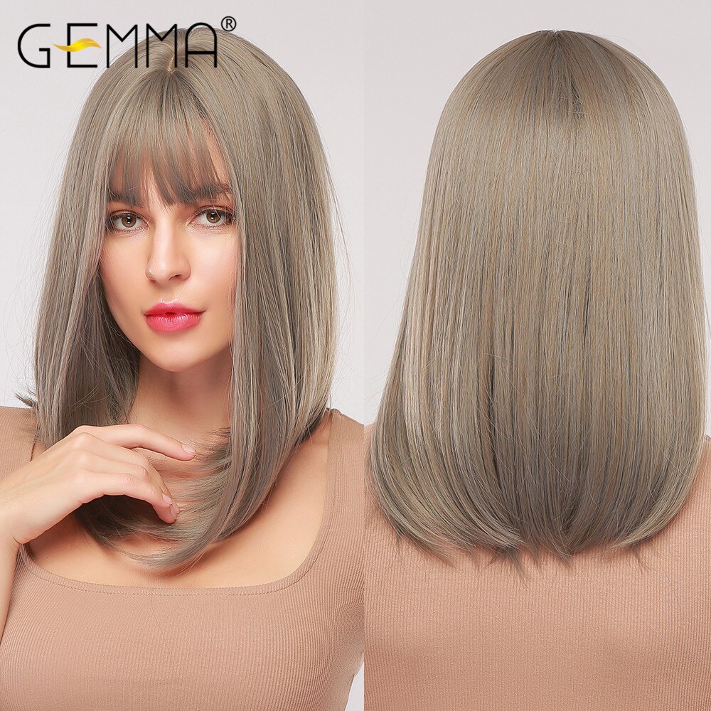 GEMMA Synthetische Medium Wellenförmige Natürliche Perücken Mit Pony für Schwarze Frauen African American Ombre Schwarz Braun Cosplay Partei Falsche Haar – Bild 6