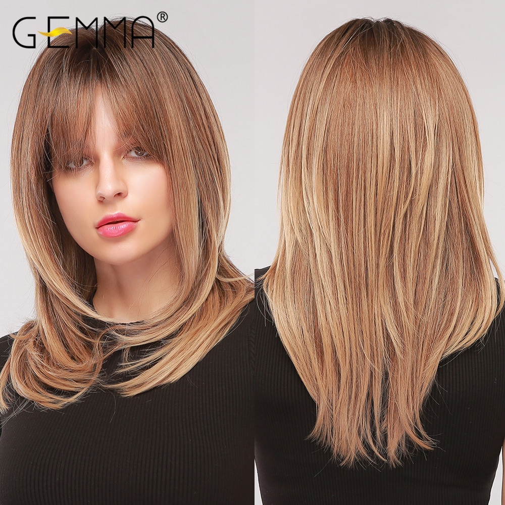 GEMMA Synthetische Medium Wellenförmige Natürliche Perücken Mit Pony für Schwarze Frauen African American Ombre Schwarz Braun Cosplay Partei Falsche Haar