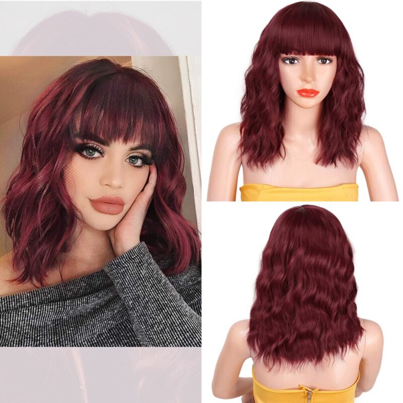 Gestempelt Glorious Synthetische Short Bob Perücken Rot Wellenförmige Perücke Mit Pony Synthetische Wärme Beständig Faser Haar Kurze Perücken für Schwarz frauen – Bild 2