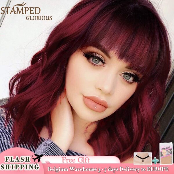 Gestempelt Glorious Synthetische Short Bob Perücken Rot Wellenförmige Perücke Mit Pony Synthetische Wärme Beständig Faser Haar Kurze Perücken für Schwarz frauen