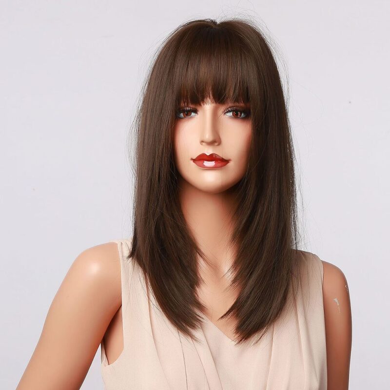 HENRY MARGU Dunkelbraun Medium Lange Bob Synthetische Perücken mit Pony Layered Haar Natürliche Gerade Perücken für Frauen Hohe Temperatur – Bild 2