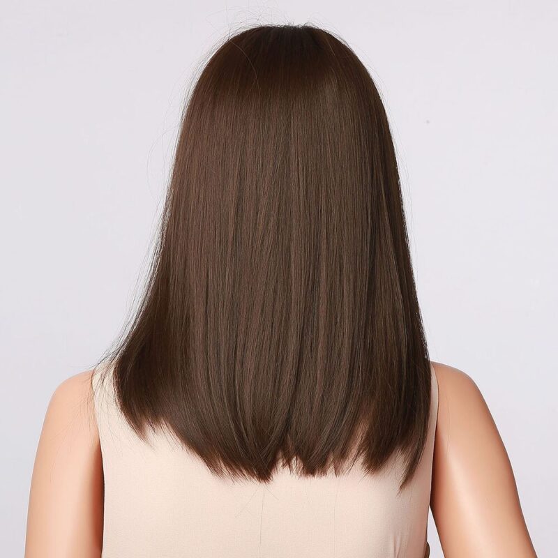 HENRY MARGU Dunkelbraun Medium Lange Bob Synthetische Perücken mit Pony Layered Haar Natürliche Gerade Perücken für Frauen Hohe Temperatur – Bild 3