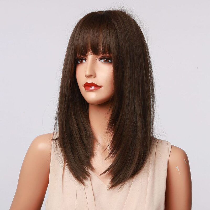 HENRY MARGU Dunkelbraun Medium Lange Bob Synthetische Perücken mit Pony Layered Haar Natürliche Gerade Perücken für Frauen Hohe Temperatur – Bild 4