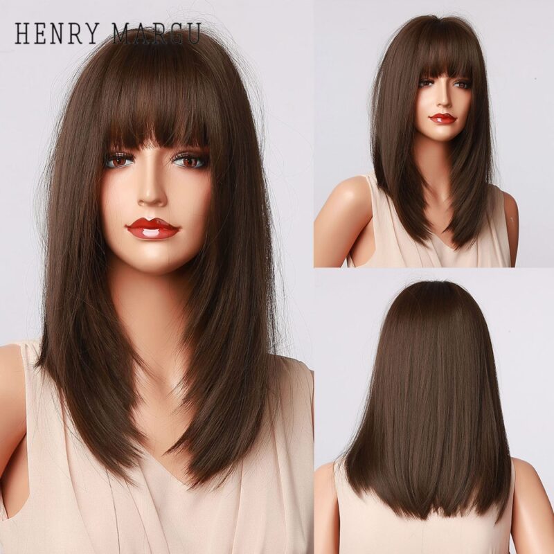 HENRY MARGU Dunkelbraun Medium Lange Bob Synthetische Perücken mit Pony Layered Haar Natürliche Gerade Perücken für Frauen Hohe Temperatur