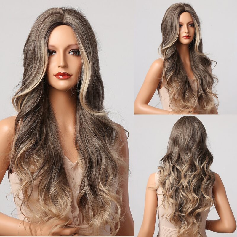 HENRY MARGU Lange Braun Blonde Ombre Wellenförmige Perücken Synthetische Natürliche Perücken Mittleren Teil Täglichen Cosplay Perücken für Frauen Hitze Beständig