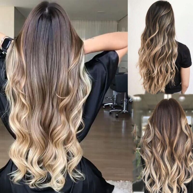 HENRY MARGU Lange Braun Blonde Ombre Wellenförmige Synthetische Perücken mit Pony Natürliche Haar Perücken für Frauen Hitze Beständig Täglichen Cosplay perücke – Bild 5