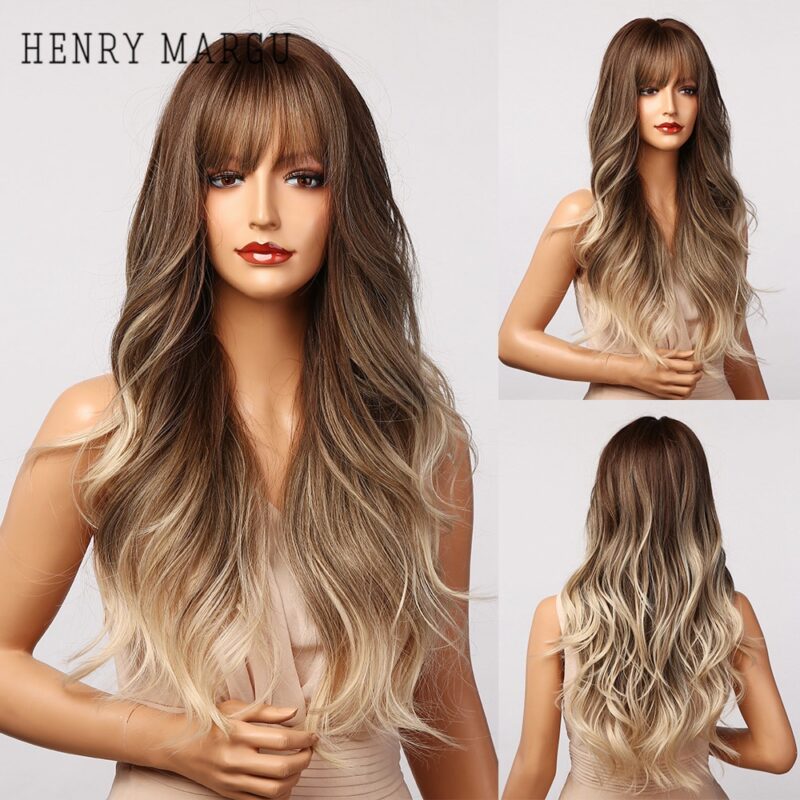 HENRY MARGU Lange Braun Blonde Ombre Wellenförmige Synthetische Perücken mit Pony Natürliche Haar Perücken für Frauen Hitze Beständig Täglichen Cosplay perücke