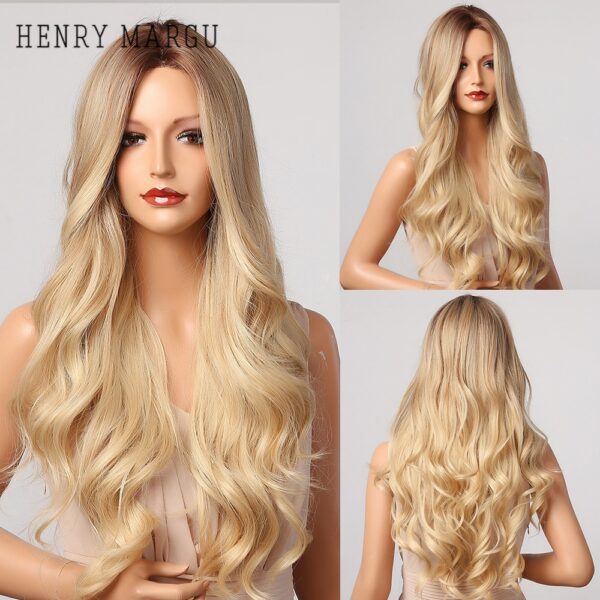 HENRY MARGU Lange Wellenförmige Blonde Braun Ombre Perücke Für Frauen Synthetische Natürliche Perücken Cosplay Mittelteil Haar Perücken Hohe Temperatur