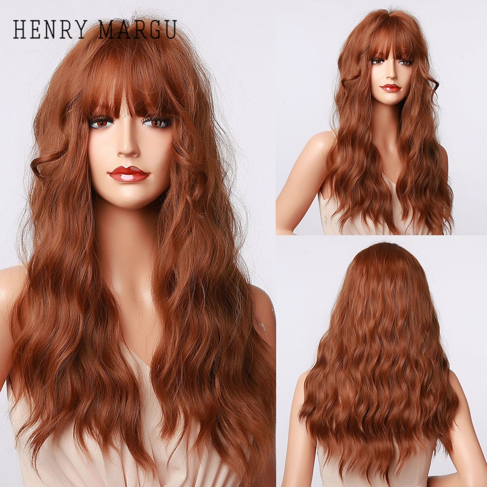 HENRY MARGU Lange Wellenförmige Braun Rot Orange Perücken mit Pony Cosplay Partei Synthetische Haar Perücken für Schwarze Frauen Afro Wärme beständig