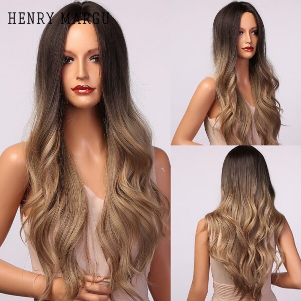 HENRY MARGU Lange Wellenförmige Ombre Blonde Braun Synthetische Perücken für Schwarze Frauen Mittleren Teil Cosplay Perücken Natürliche Wärme Beständig Perücke
