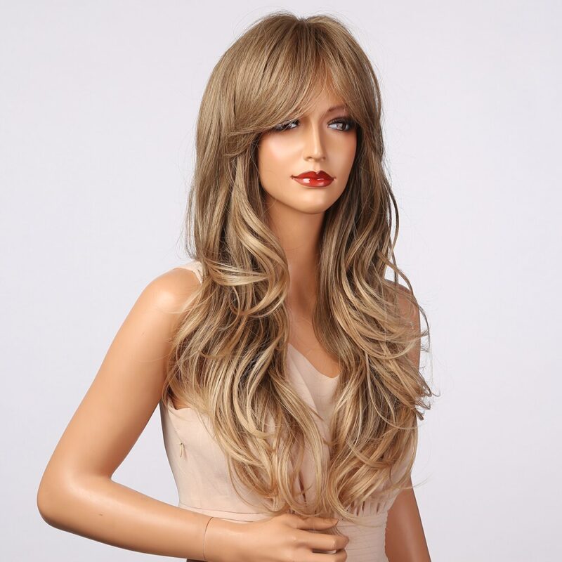 HENRY MARGU Lange Wellenförmige Ombre Braun Highlight Perücken mit Pony Synthetische Natürliche Perücke für Frauen Hitze Beständig Cosplay Haar Perücken – Bild 2