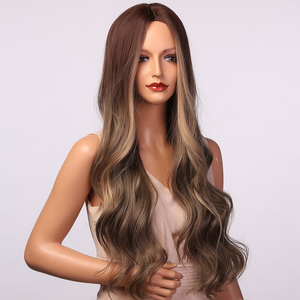 HENRY MARGU Langen Körper Wellenförmige Perücken Ombre Braun Goldene Markieren Synthetische Perücken Mittleren Teil Cosplay Haar für Frauen Hitze Beständig – Bild 5
