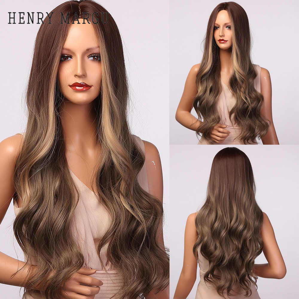 HENRY MARGU Langen Körper Wellenförmige Perücken Ombre Braun Goldene Markieren Synthetische Perücken Mittleren Teil Cosplay Haar für Frauen Hitze Beständig