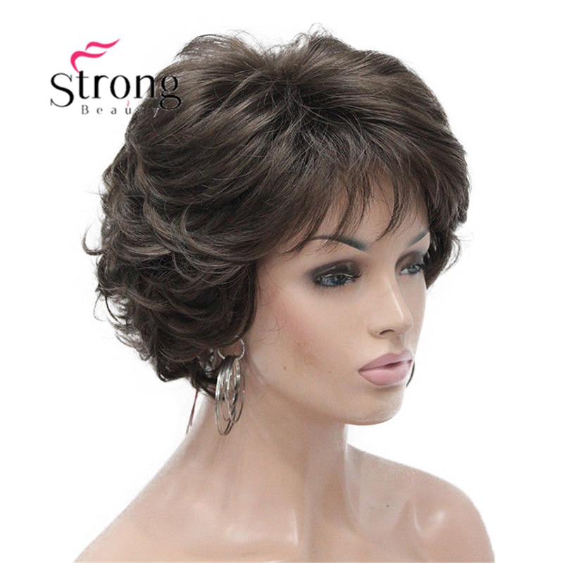 E-7125 #8 New Wavy Curly wig Medium Brown cloor 8# Short Synthetic Hair Full Women's wigs (3)