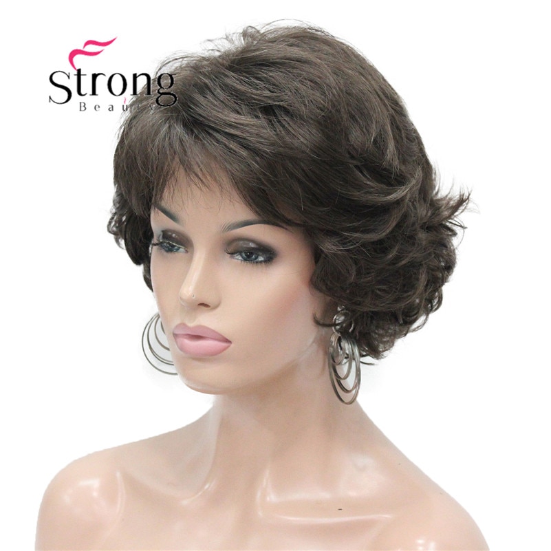 E-7125 #8 New Wavy Curly wig Medium Brown cloor 8# Short Synthetic Hair Full Women's wigs (2)