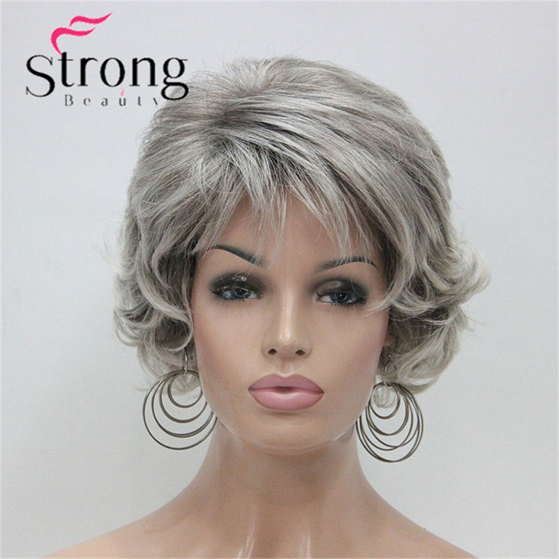 E-7125 #48T New Short Wig Wavy Curly Grey Mix Brown Women's Synthetic Hair Full Wig Thick (1)