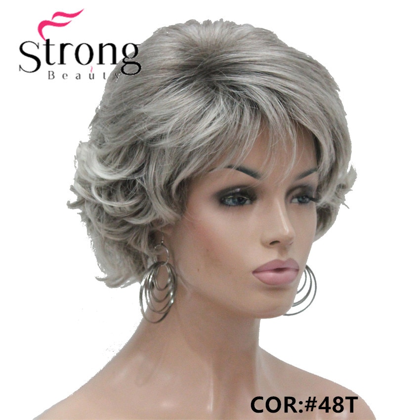 E-7125 #48T New Short Wig Wavy Curly Grey Mix Brown Women's Synthetic Hair Full Wig Thick (6.)_