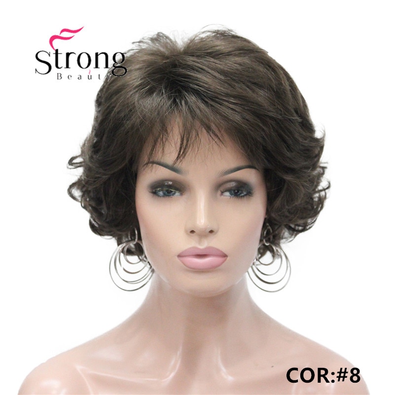 E-7125 #8 New Wavy Curly wig Medium Brown cloor 8# Short Synthetic Hair Full Women's wigs (1)_