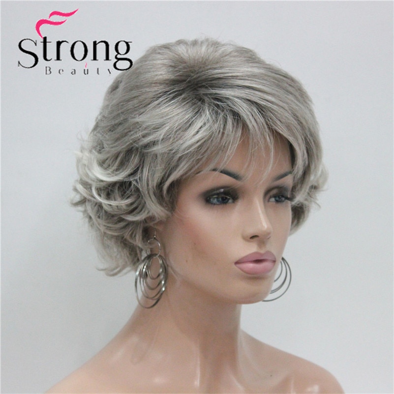 E-7125 #48T New Short Wig Wavy Curly Grey Mix Brown Women's Synthetic Hair Full Wig Thick (6)